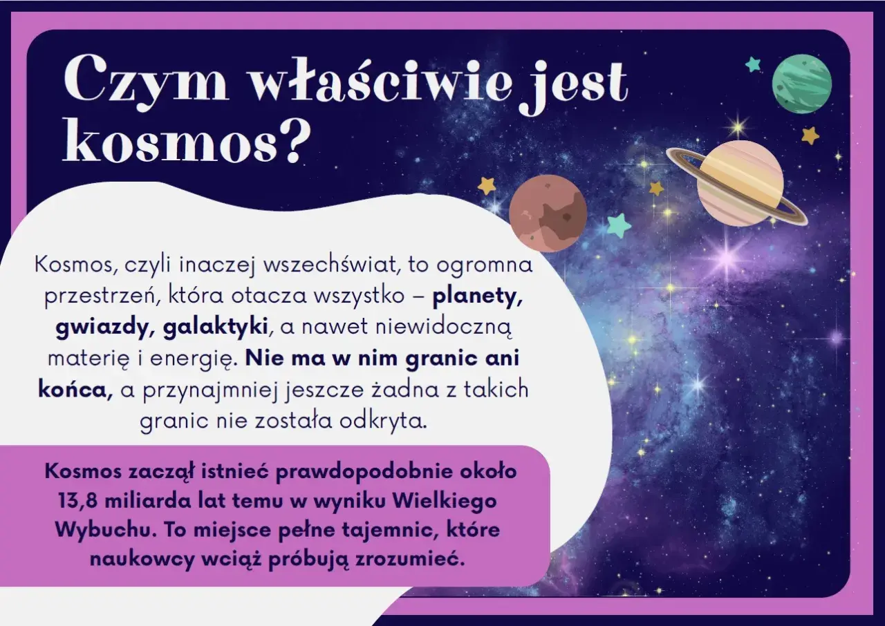 Ciekawostki o kosmosie dla dzieci: wszechświat to ogromna przestrzeń z planetami, gwiazdami i galaktykami, bez granic. Powstał 13,8 mld lat temu.