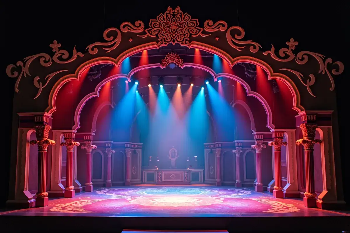 Scena teatralna z orientalnym łukiem, kolumnami i bogatymi rekwizytami teatralnymi, oświetlona niebieskimi i czerwonymi światłami.
