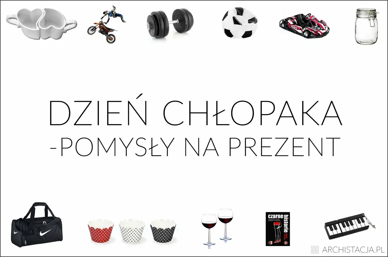 Kolaż przedmiotów: kubki w kształcie serca, motocyklista, hantle, piłka, gokart, słoik, torba sportowa, foremki do babeczek, kieliszki z winem, książka, klawiatura.