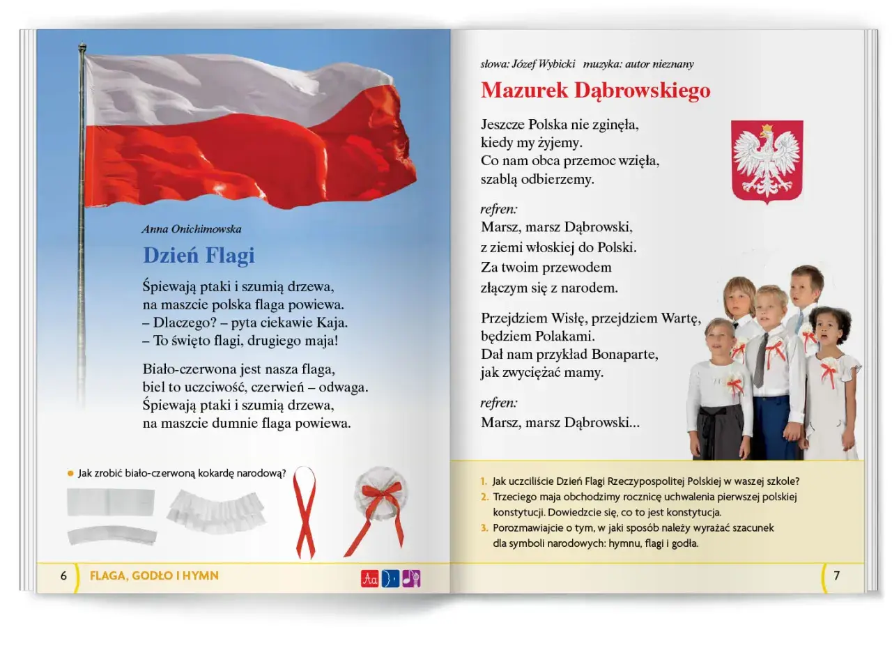 Polskie symbole narodowe dla dzieci: biało-czerwona flaga, godło z orłem i dzieci śpiewające hymn.
