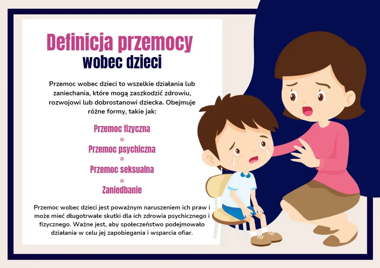 Ilustracja przedstawia płaczącego chłopca i kobietę, która go pociesza. Tekst informuje o definicji przemocy wobec dzieci, jej formach i skutkach.