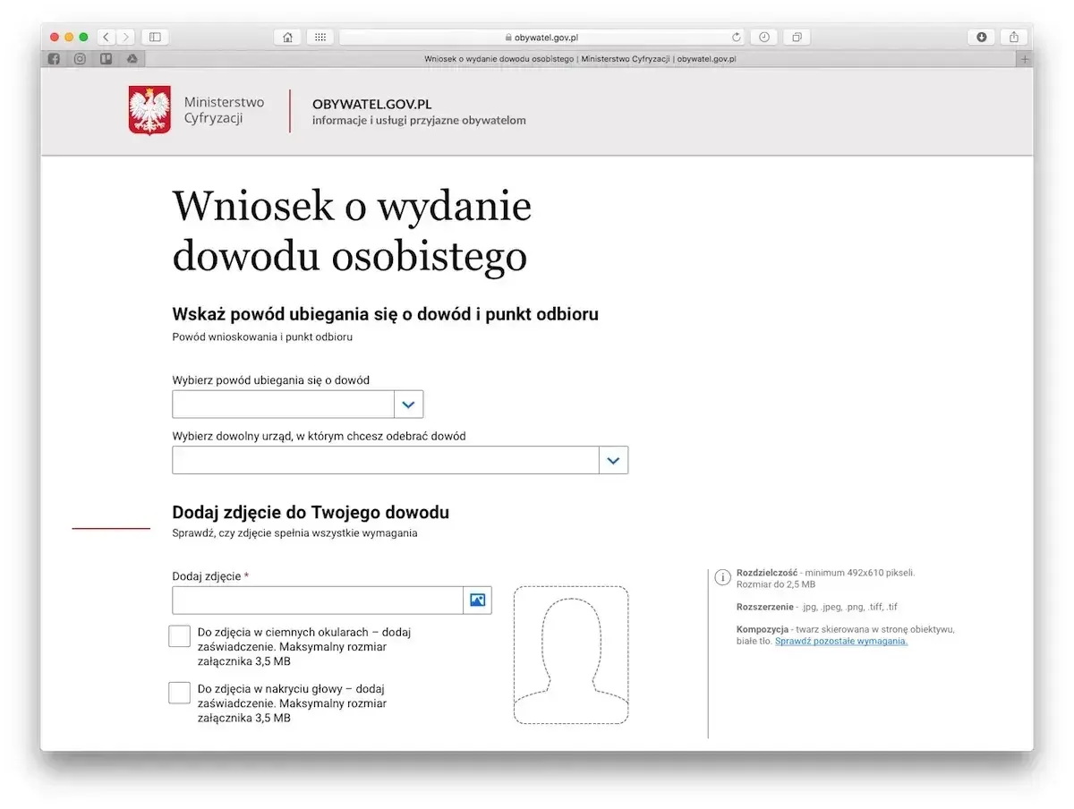 Formularz wniosku o wydanie dowodu osobistego. Wybierz powód, urząd odbioru i dodaj zdjęcie.