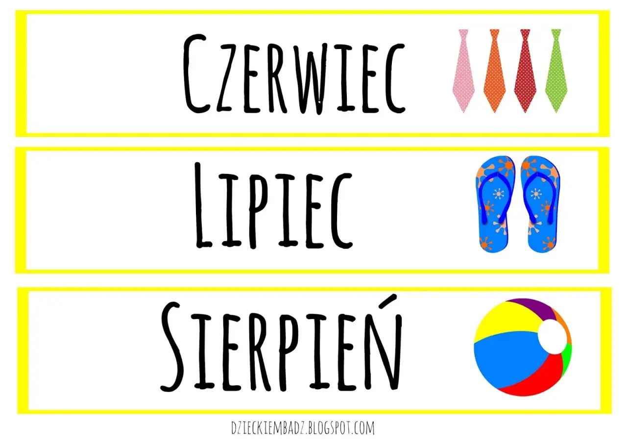 Czerwiec, lipiec, sierpień – letnie miesiące po polsku. W tle krawaty, klapki i piłka plażowa.