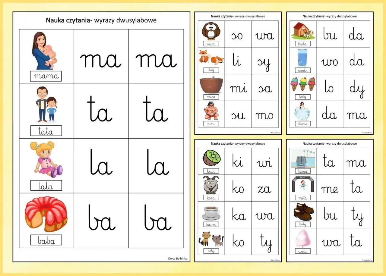Łatwe ćwiczenia nauka czytania: mama, tata, lala, baba i inne dwusylabowe wyrazy z obrazkami.