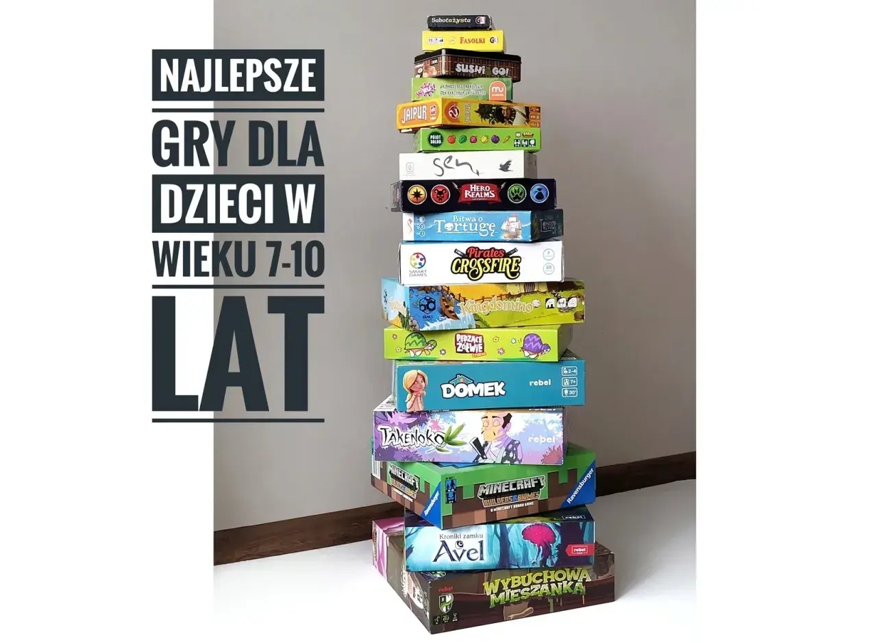 Stos **popularnych gier dla dzieci** w wieku 7-10 lat, od Sabotażysty po Wybuchową Mieszkankę.