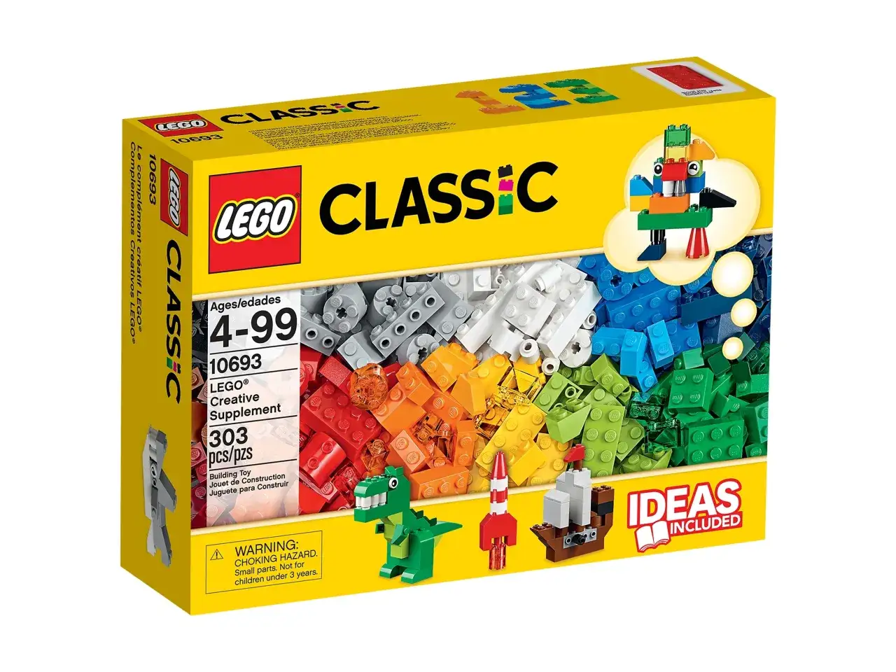 Zestaw LEGO Classic 10693 pokazuje, co można zrobić z klocków: dinozaura, rakietę, statek i robota.