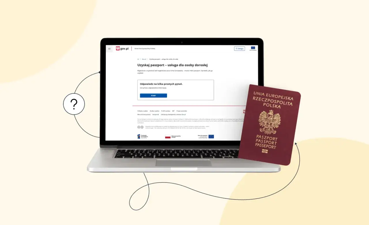Laptop z otwartą stroną gov.pl o paszporcie online i polskim paszportem obok.