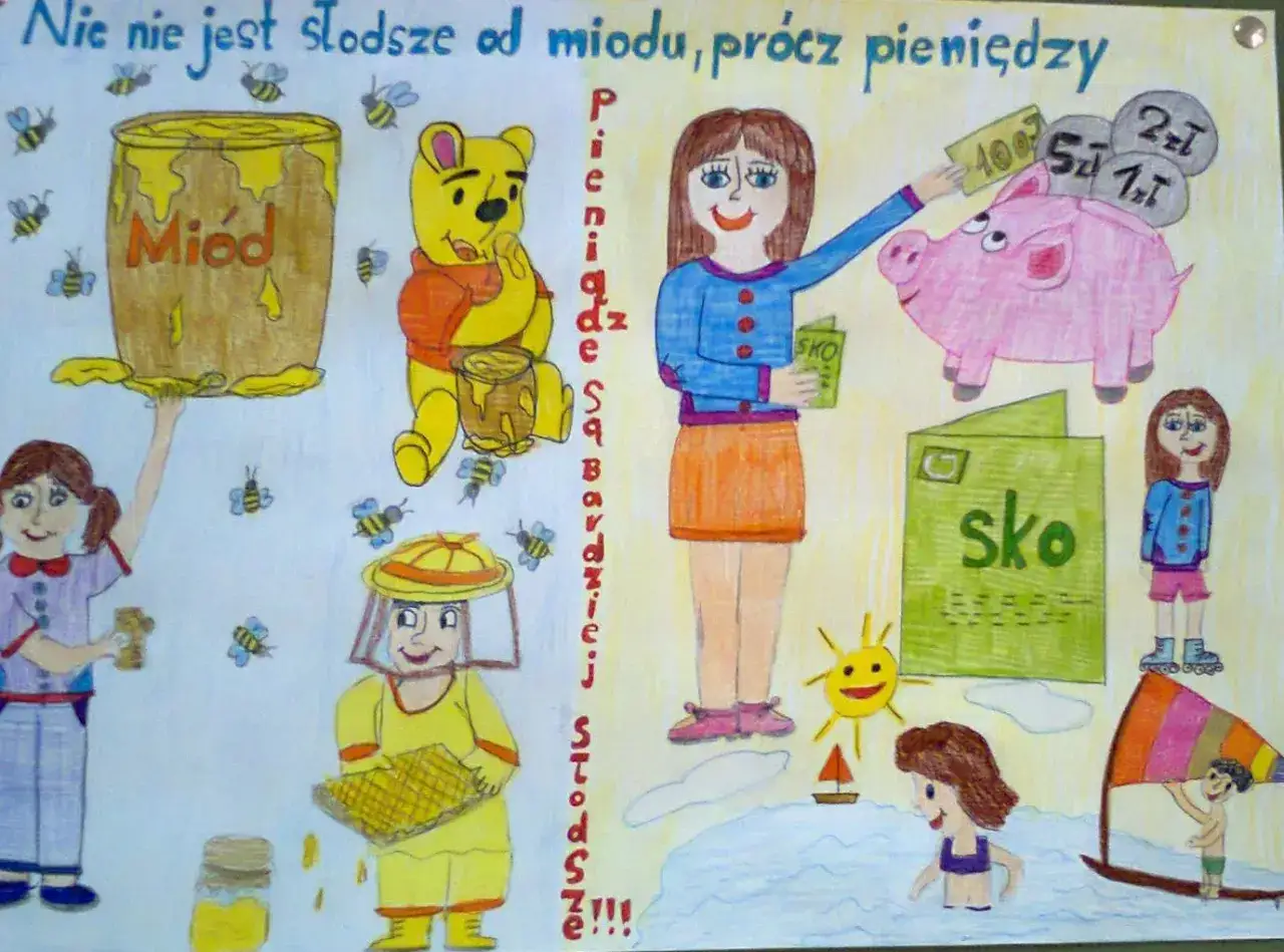 Dzieci rysują przysłowia o miodzie i pieniądzach. Kubuś Puchatek i pszczelarz, dziewczynka z świnką skarbonką.