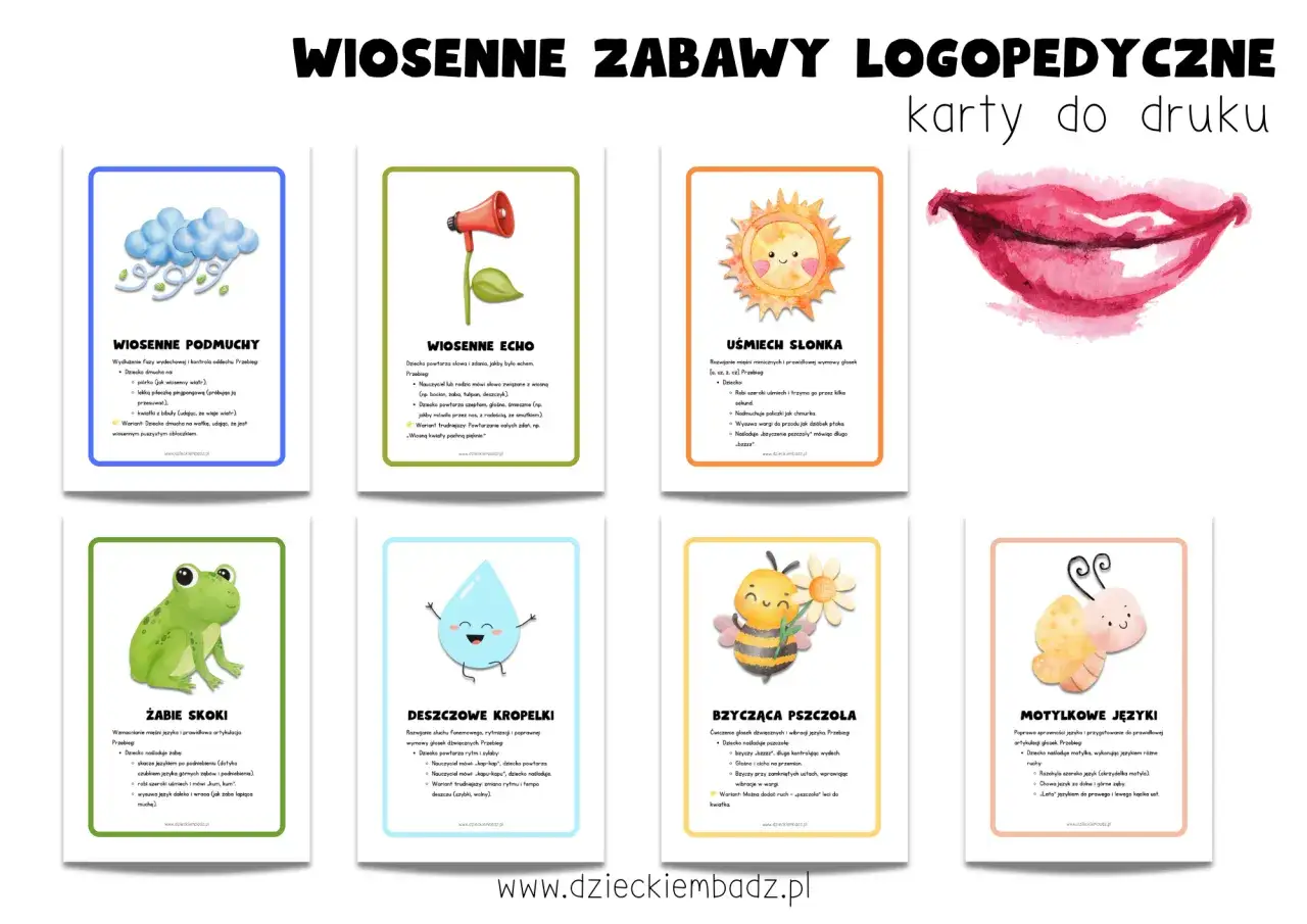 Kreatywne zabawy logopedyczne: karty z wiosennymi ćwiczeniami dla dzieci. Wśród nich: żaba, pszczoła, słońce, chmury, krople deszczu, motyl, usta i megafon.