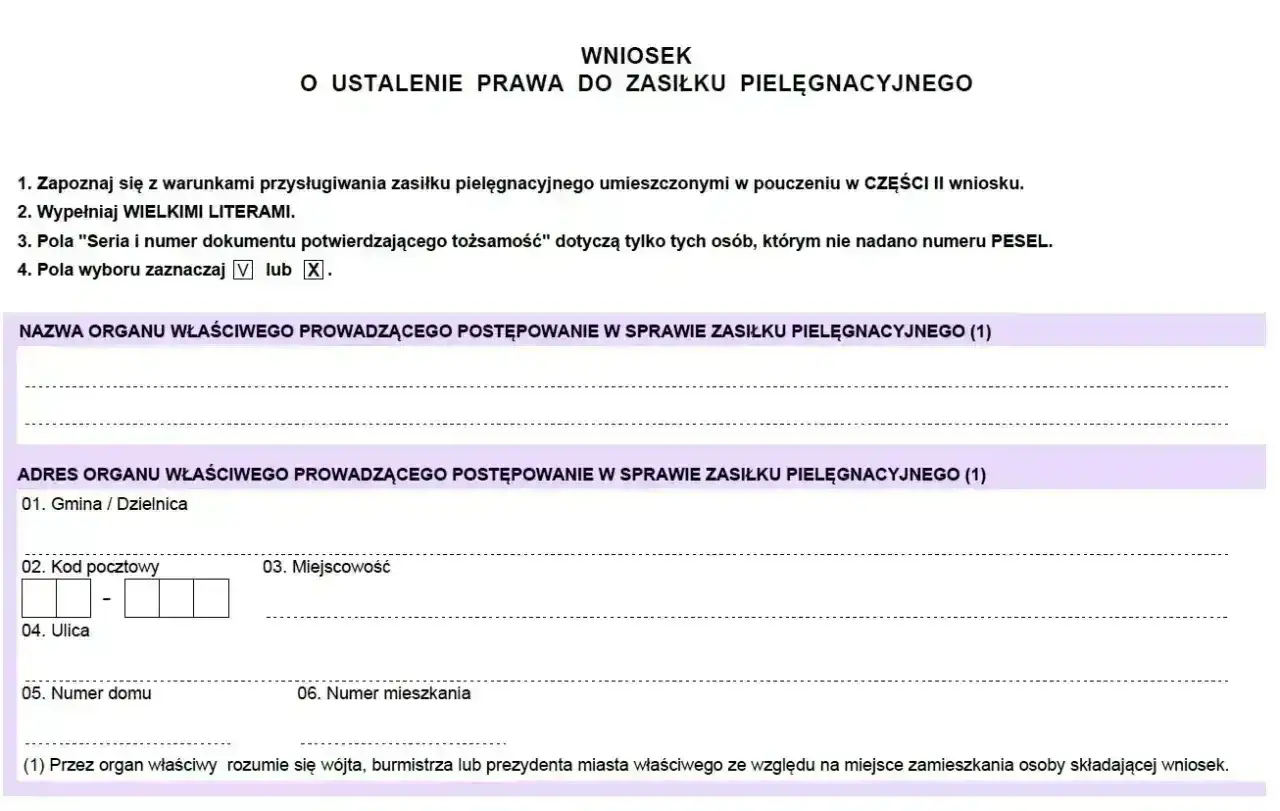 Wniosek o zasiłek pielęgnacyjny. Wypełnij dane urzędu, gdzie złożyć wniosek o zasiłek pielęgnacyjny, oraz swój adres.