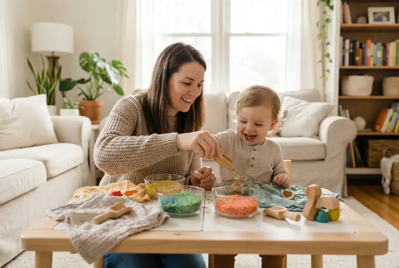Mama i dziecko cieszą się kolorowymi zabawkami sensorycznymi. Radość i nauka przez zabawę.