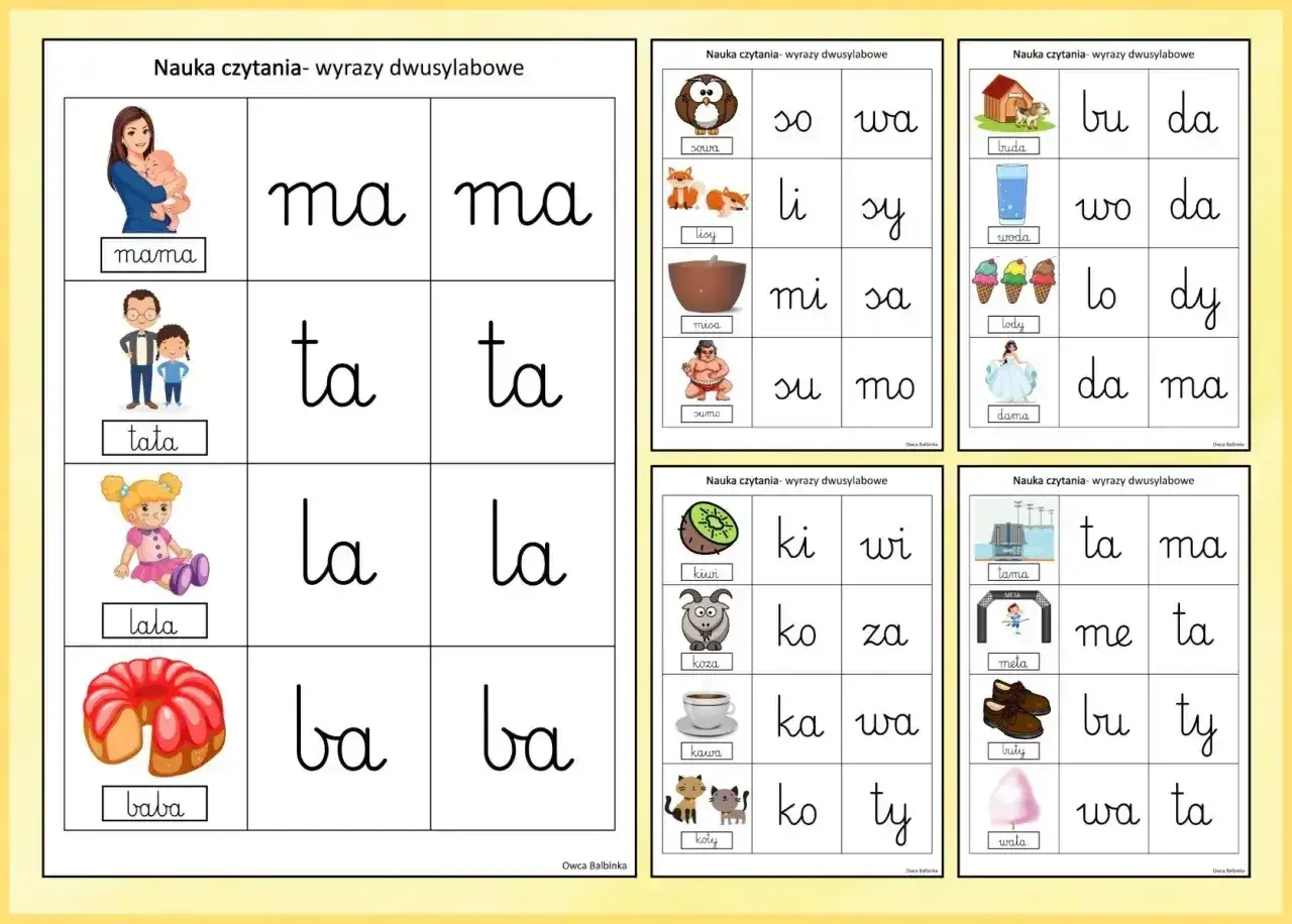 Łatwe ćwiczenia nauka czytania: mama, tata, lala, baba i inne dwusylabowe wyrazy z obrazkami.