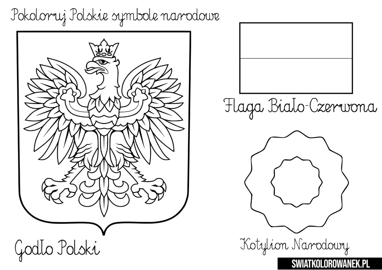 Kolorowanka z polskimi symbolami narodowymi dla dzieci: godło z orłem, flaga biało-czerwona i kotylion.